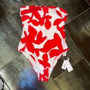 Milly Red & White Grand Foliage Strapless Floral One-Piece Swimsuit NWT